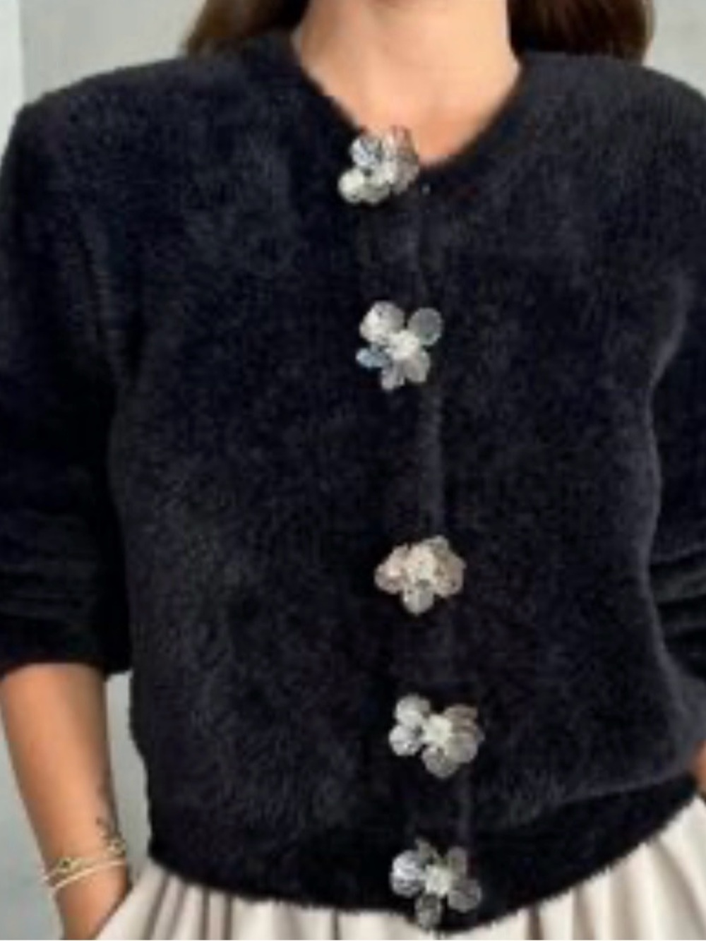 Zara Black Teddy Jacket with Floral Buttons